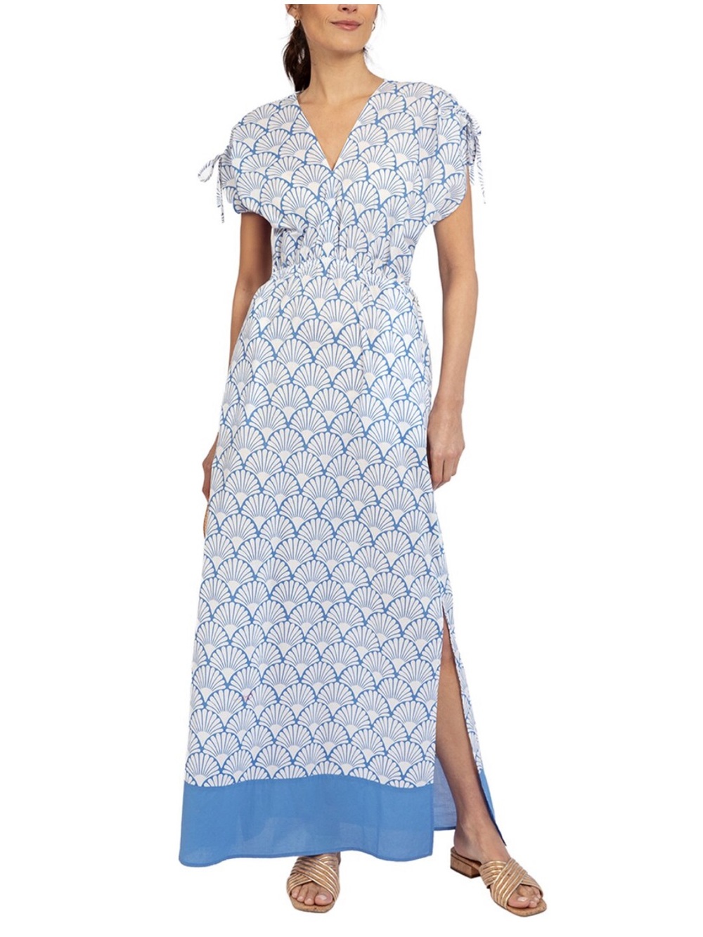 J. McLaughlin White Blue Deco Etta Shell Maxi Dress